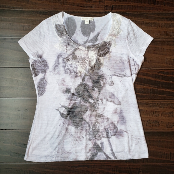 Coldwater Creek Floral Lite Lavender Lined Scoop Neck Lace T-Shirt NWOT - Picture 2 of 13